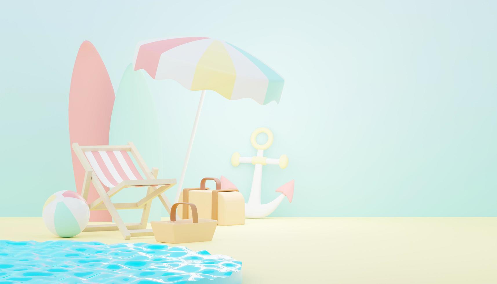 3d render Summer sale podium stand for showing product. Beach Vacations Scene in Summer for mock up. photo