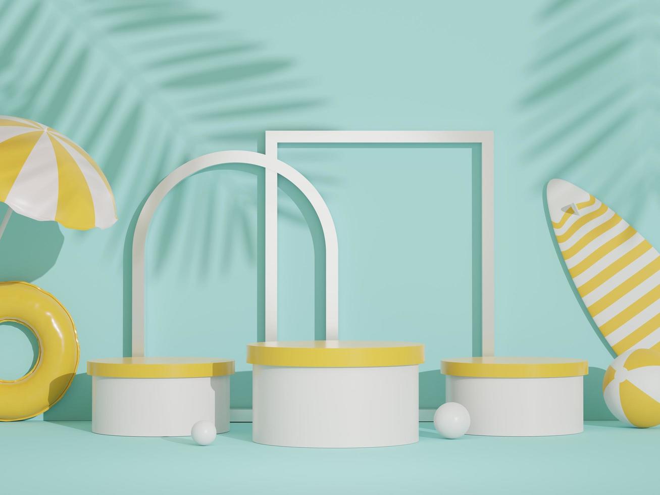3d podium stand for product presentation with summer concept. Pedestal platform for cosmetic advertising. Minimal summer vacation. photo