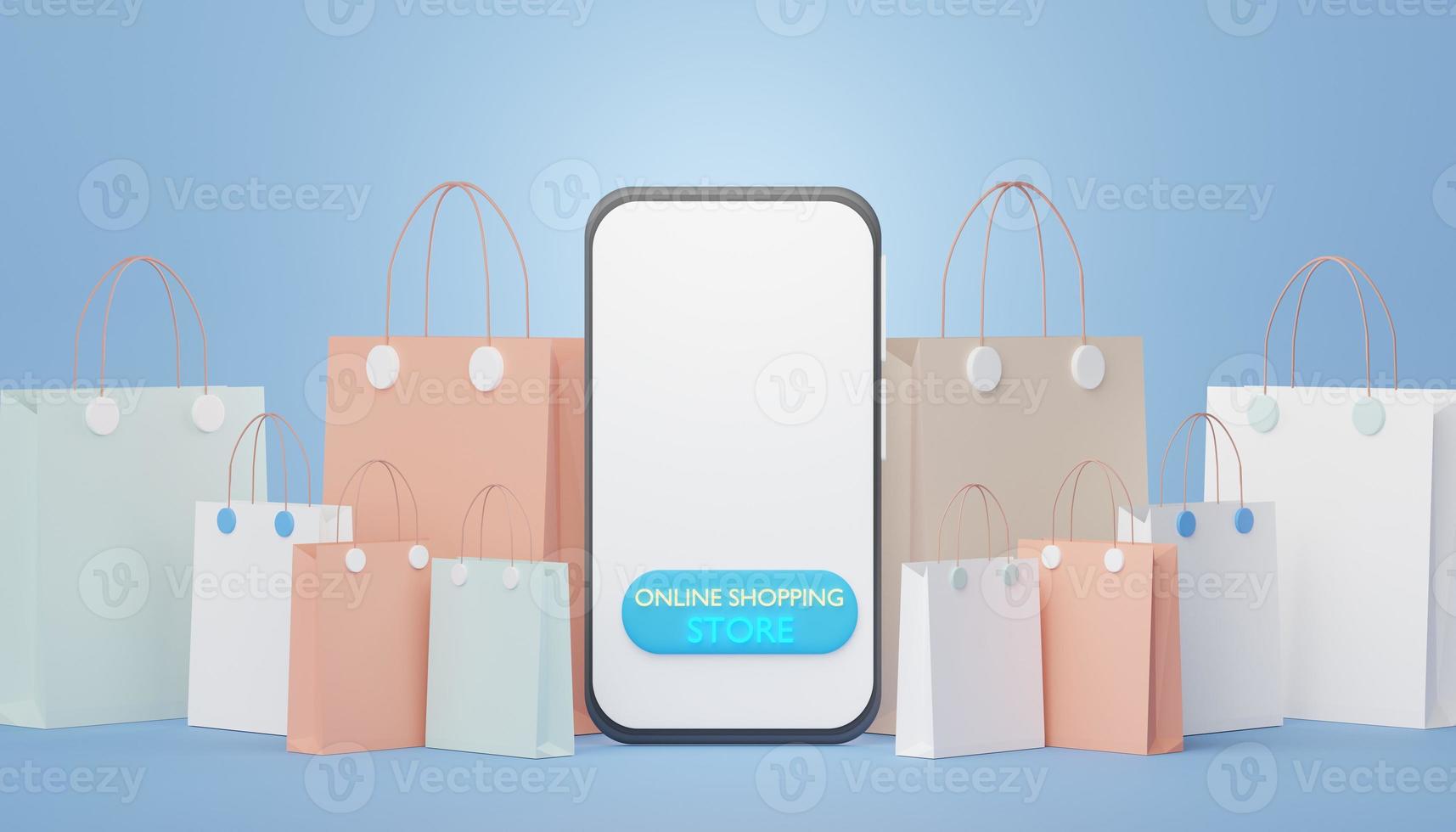 3d render Minimal mini mobile phone or smartphone for work with white copy space for mock up and creative design. Shopping online concept. Live selling product. photo