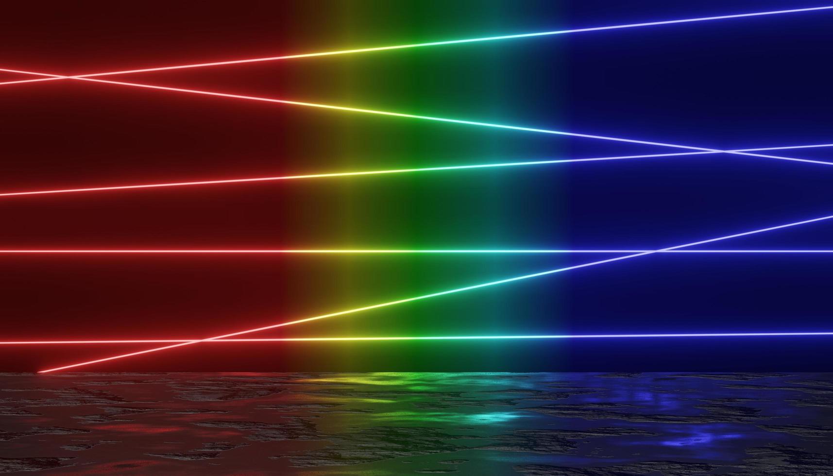 3d render of RGB neon light on darkness background. Abstract Laser lines show at night. Ultraviolet spectrum beam scene photo