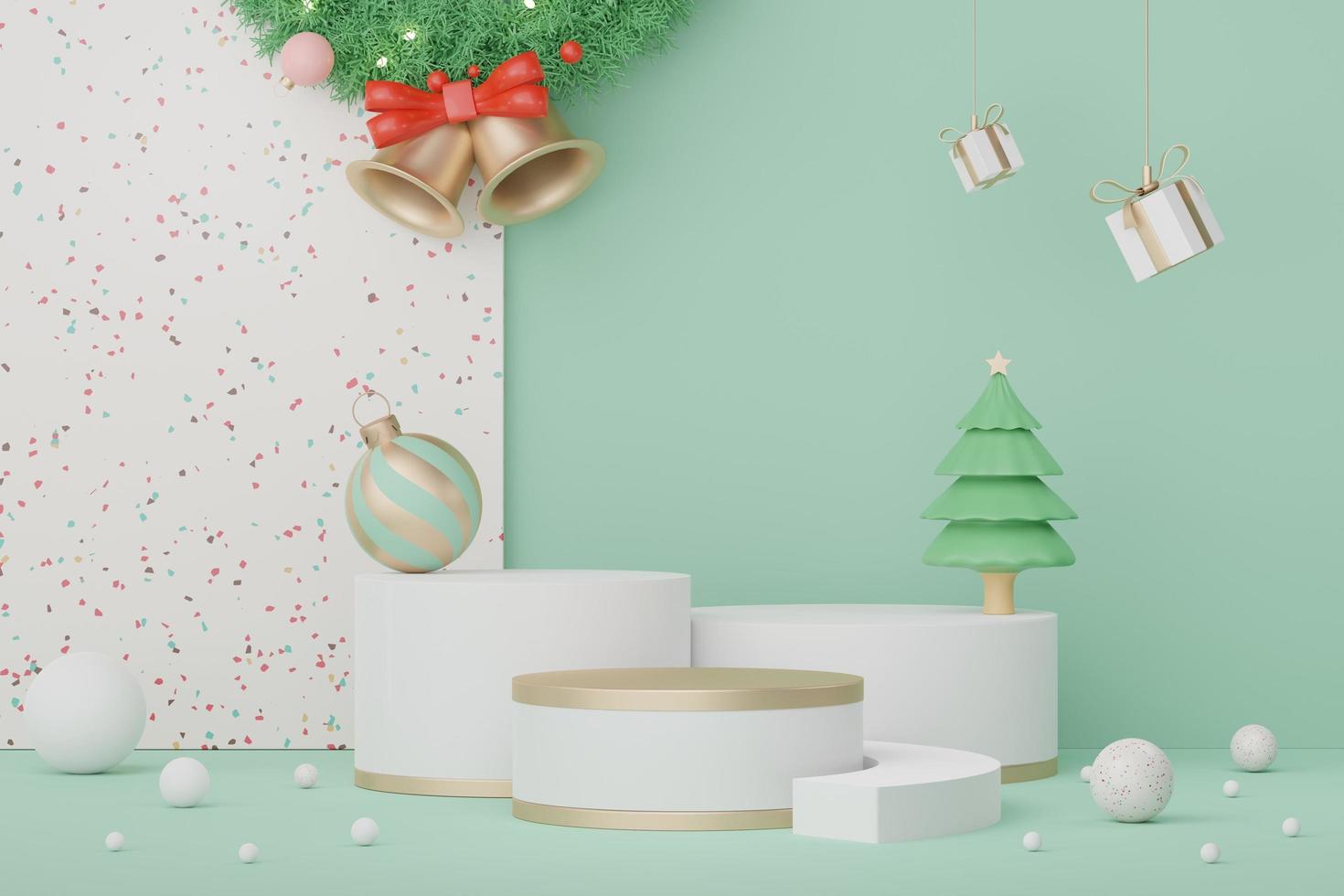 3d Display Podium for product and cosmetic presentation with Merry Christmas and Happy new year concept. Modern geometric. Platform for mock up and showing brand. Minimal clean design. photo