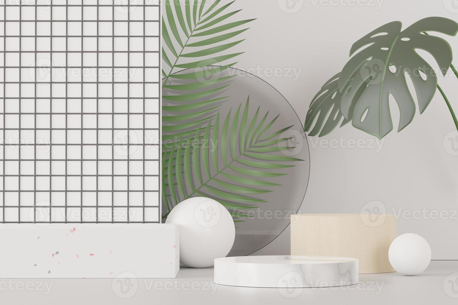 3d render of abstract pedestal podium display with Tropical Monstera leaves. Product and promotion concept for advertising. Green natural background. photo
