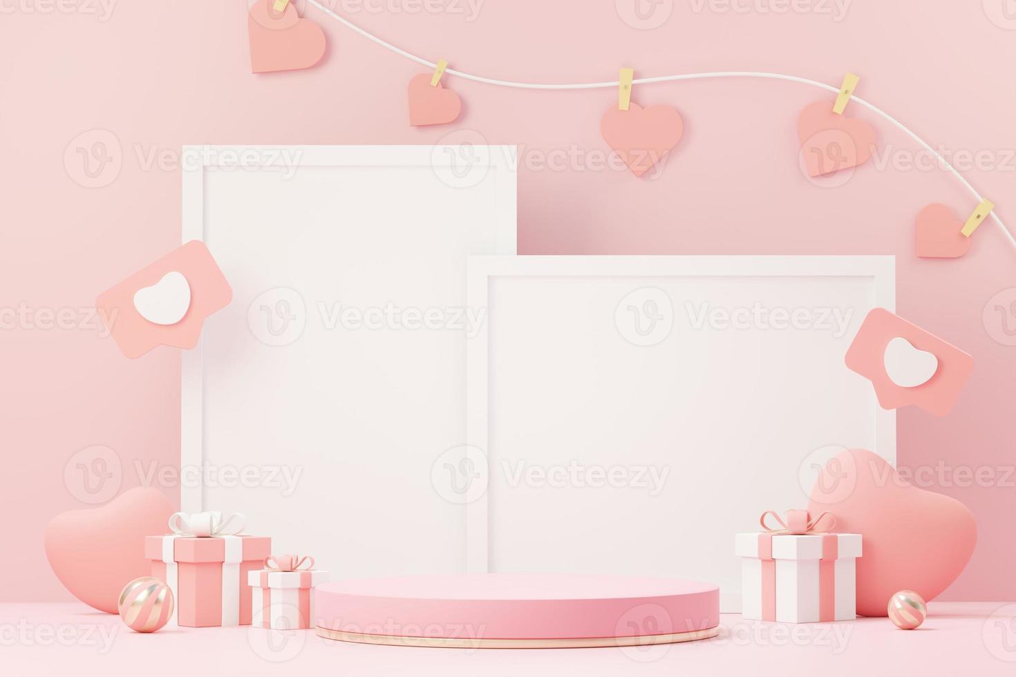 3d render minimal sweet scene with display podium for mock up and product brand presentation. Pink Pedestal stand for Valentine's Day's theme. Cute lovely heart background. Love day's design style. photo