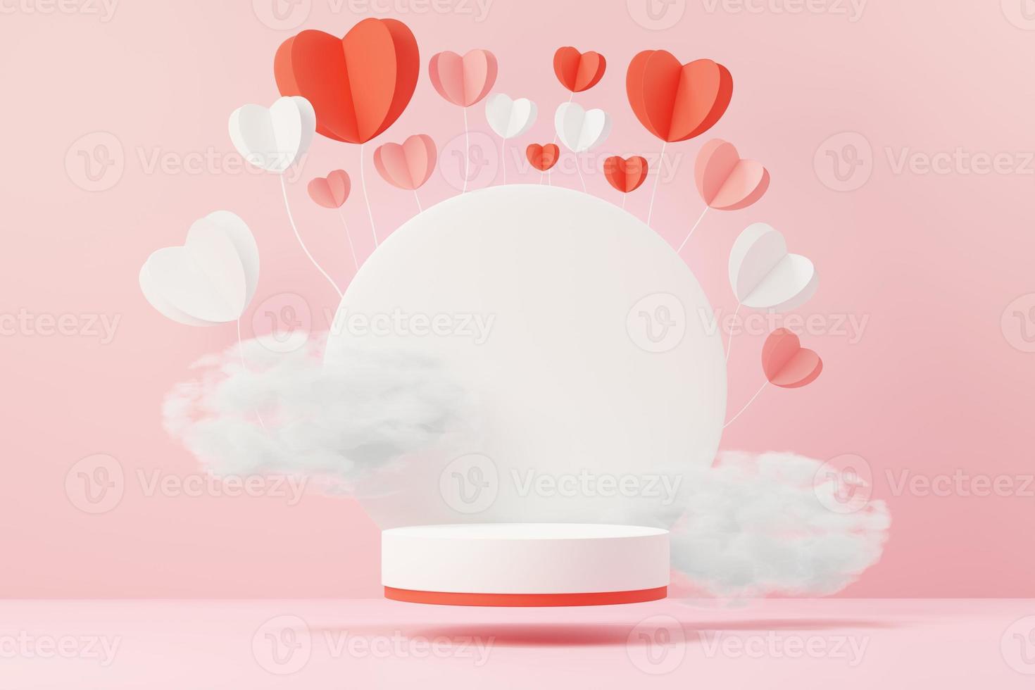 3d render minimal sweet scene with display podium for mock up and product brand presentation. Pink Pedestal stand for Valentine's Day's theme. Cute lovely heart background. Love day's design style. photo