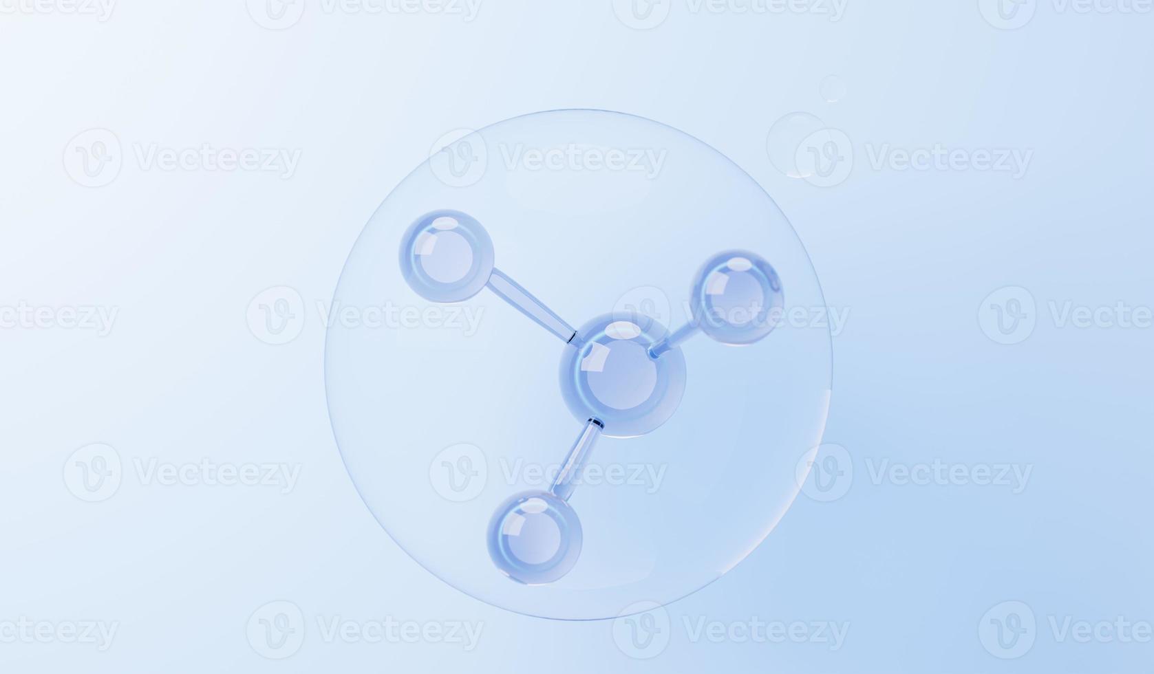 3d render of simple chemical bond in side cell or molecules. The associated of atoms, ions, bond and molecules. Liquid drop bubble background. Covalent bond. Biochemical interaction. photo