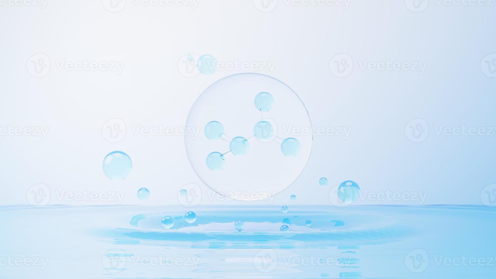 3d render of simple chemical bond in side cell or molecules. The associated of atoms, ions, bond and molecules. Liquid drop bubble background. Covalent bond. Biochemical interaction. photo