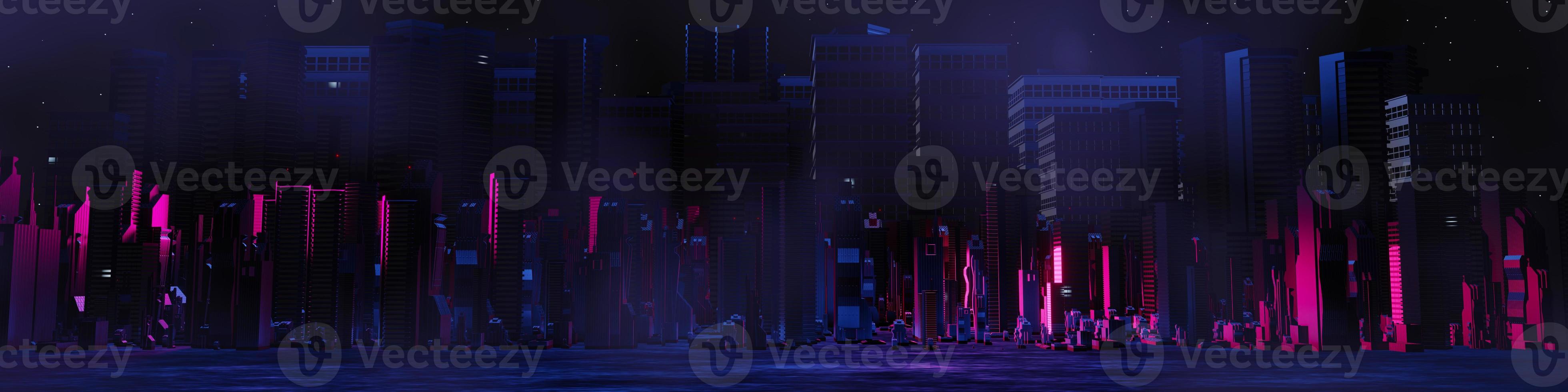 3d render of Cyber punk night city landscape concept. Light glowing on dark scene.  Night life. Technology network for 5g. Beyond generation and futuristic of Sci-Fi Capital city and building scene. photo