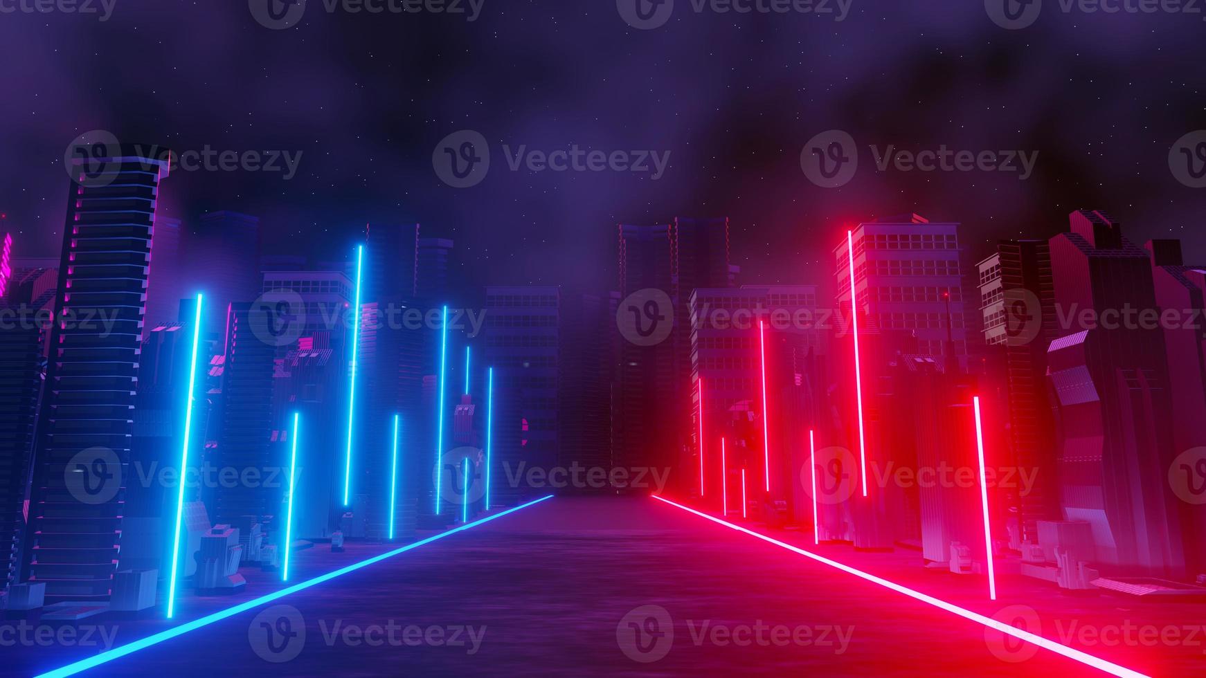 Representación 3D del concepto de paisaje de la ciudad de la noche cyber punk. luz que brilla intensamente en la escena oscura. la vida nocturna. red de tecnología para 5g. más allá de la generación y futurista de la ciudad capital de ciencia ficción y la escena de la construcción. foto