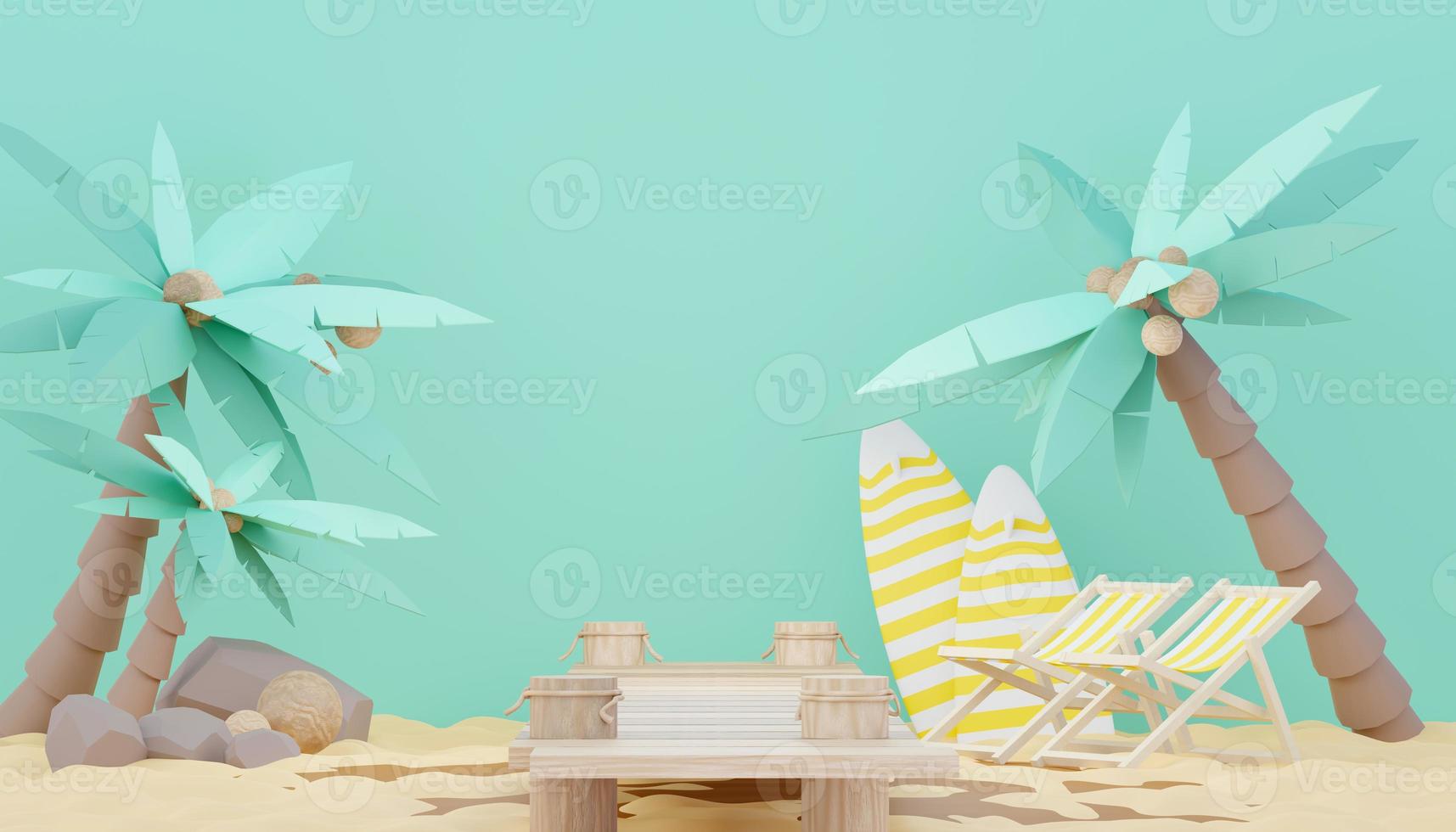 3d render minimal podium background for show and sales products. Hello Summer season scene design concept. Abstract Vacant pedestal for presentation and advertising. Beach Vacations in Summer. photo