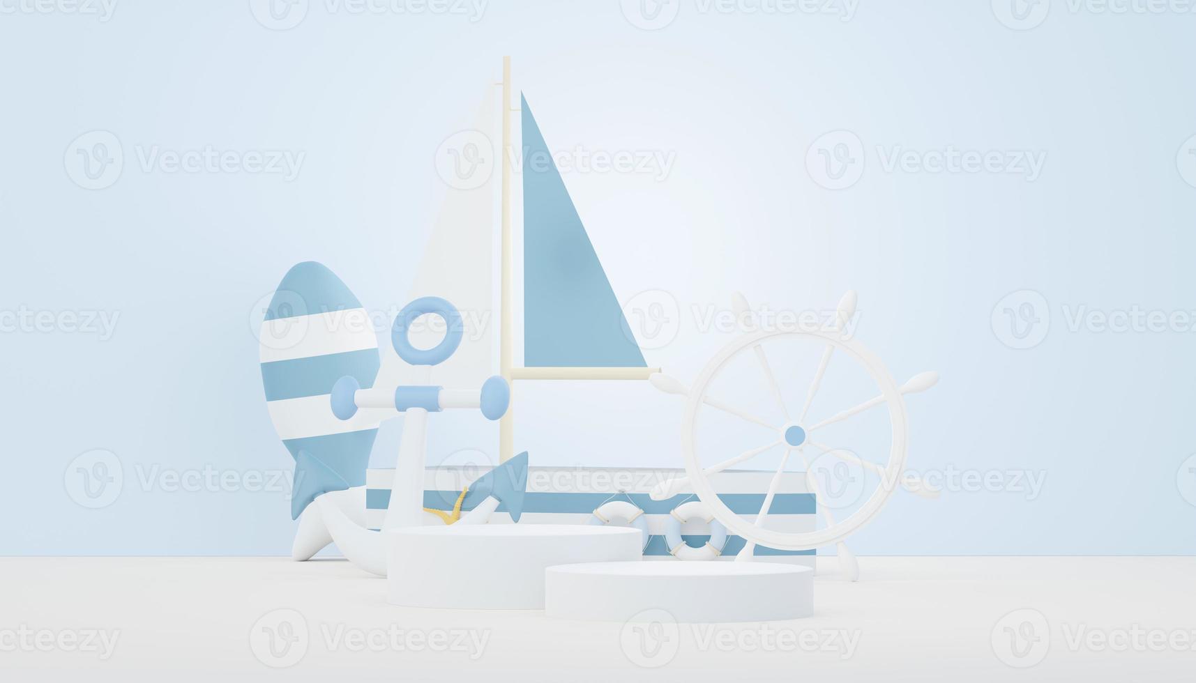 3d render Summer sale podium stand for showing product. Beach Vacations Scene in Summer for mock up. photo