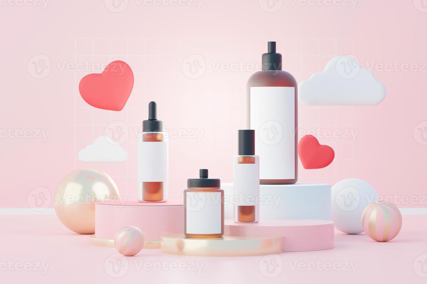 3d render of blank cosmetics skincare product or packaging for mock up. Beauty soap and spa concept. Lotion oil moisture for skin health. Premium and luxury design for branding. photo