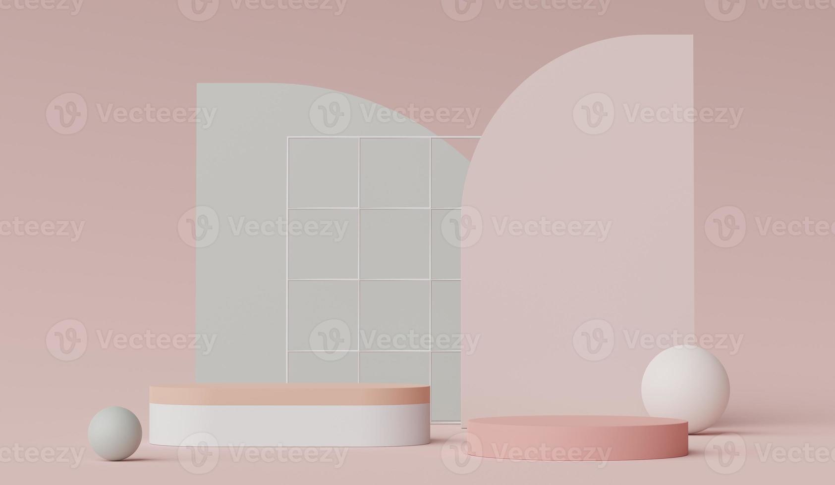 3d render of Abstract minimal  display podium for showing products, cosmetic presentation and mock up. Showcase scene with pastel earth tone background. Illuminated simple geometric shapes. photo