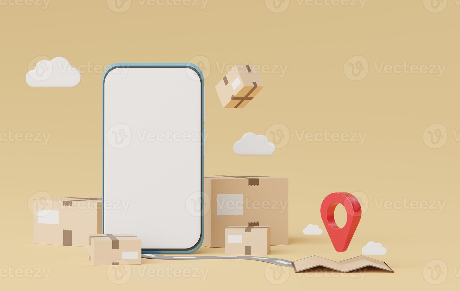 3d render mobile phone with brown cardboard boxes parcel and location map pin for mock up and creative design. Shopping online concept. Express transportation service for web banner design photo