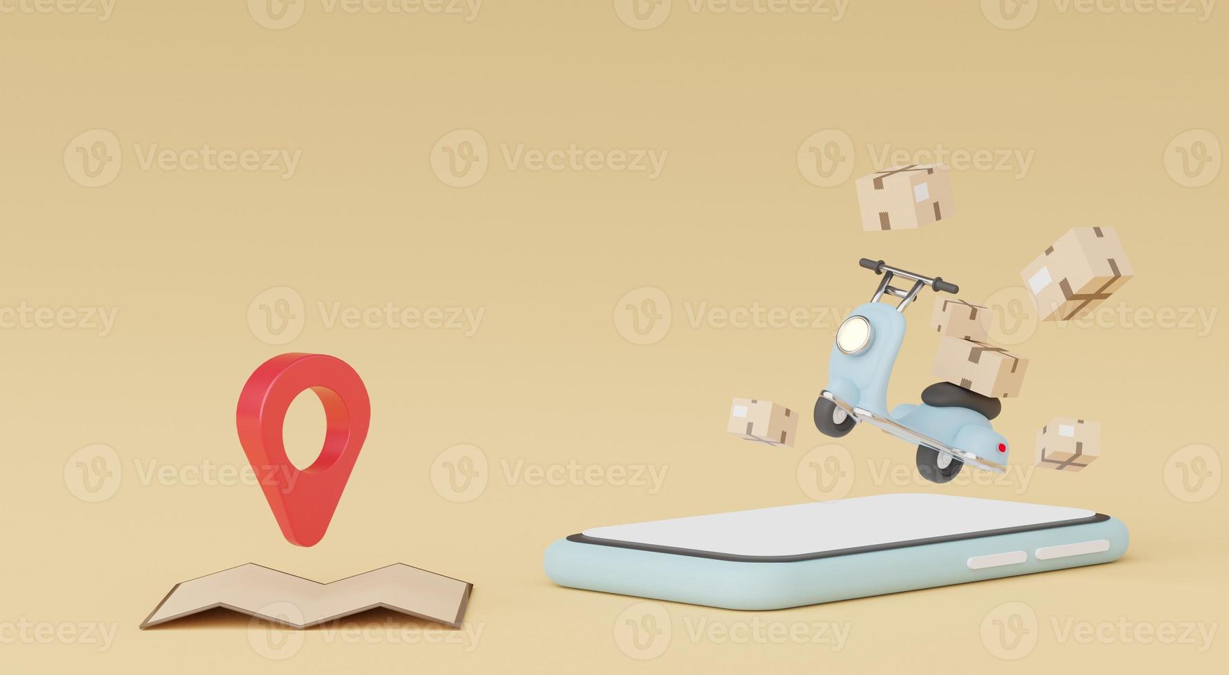 3d render Minimal mini mobile phone or smartphone for work with white copy space for mock up and creative design. Shopping online concept. Online mini Scooter parcel delivery on pastel background. photo
