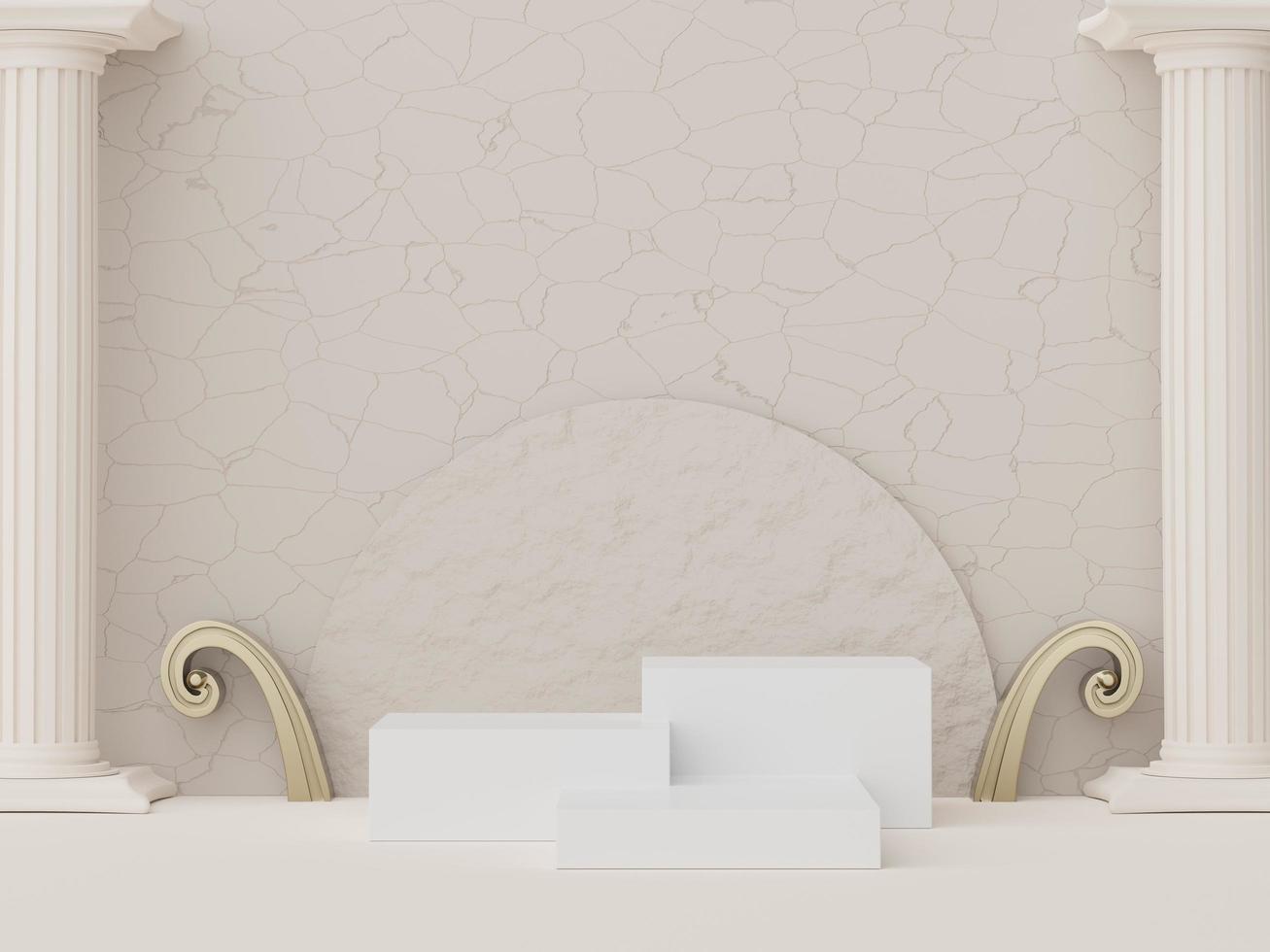 3d render of Abstract minimal  display podium with Greek Ancient baroque pillar background. Pedestal design for mock up and product presentation. Clean pastel color scene. photo