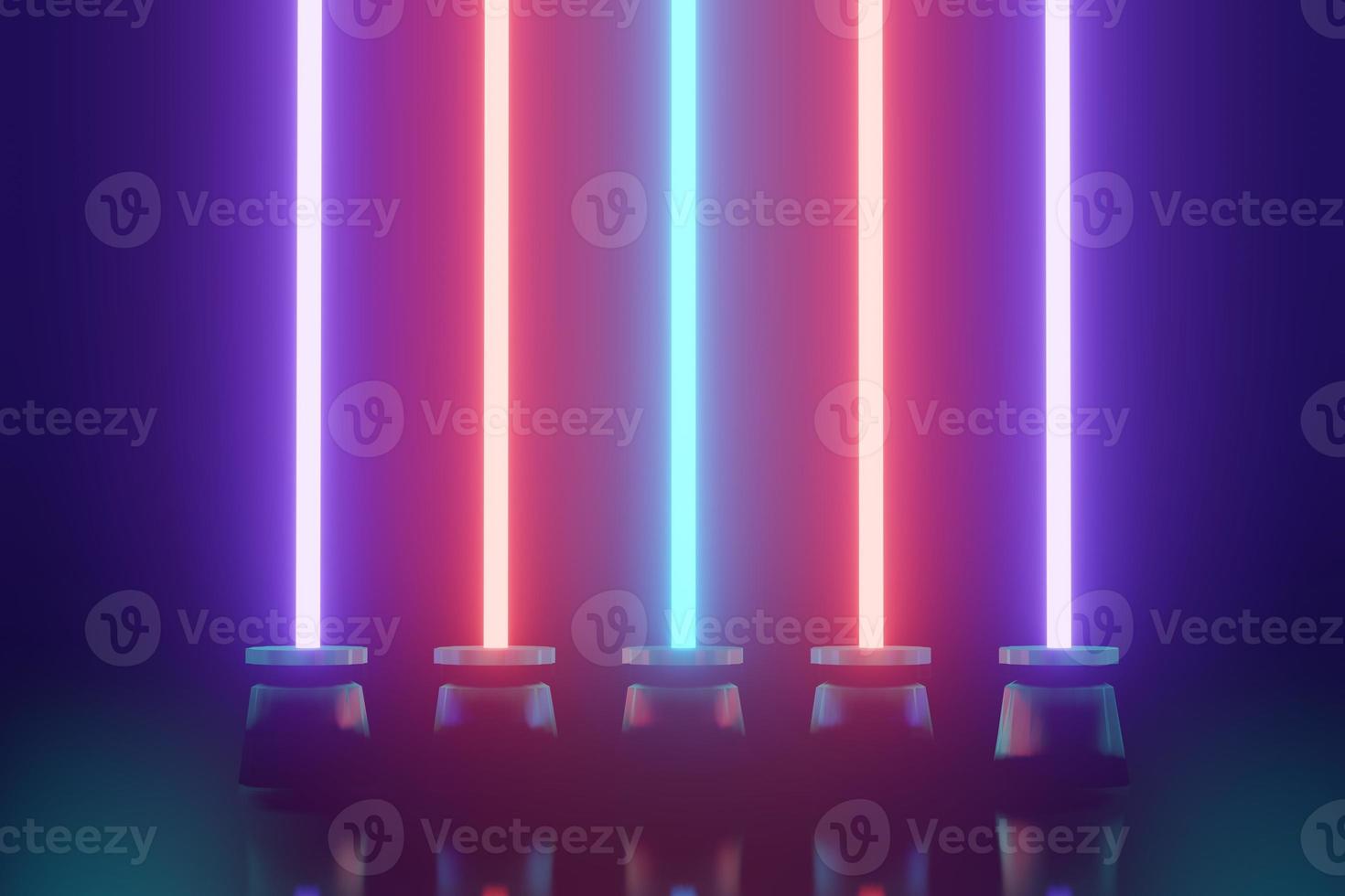 3d render of RGB neon light on darkness background. Abstract Laser lines show at night. Ultraviolet spectrum beam scene photo