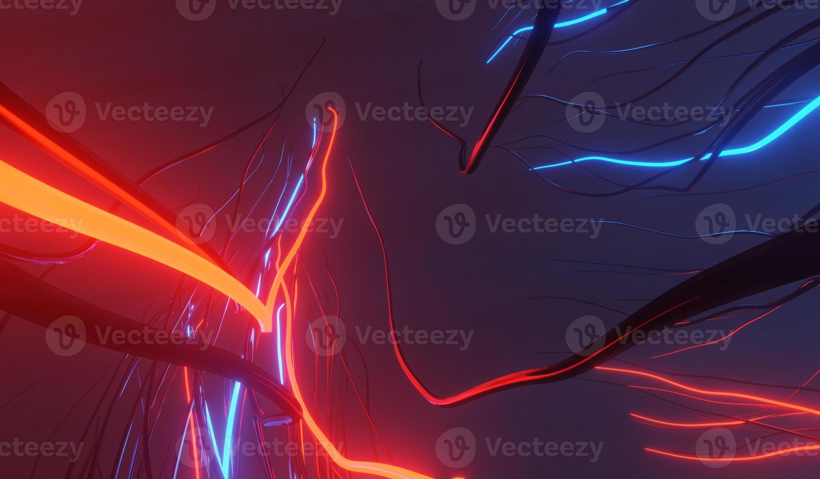 3d render of RGB neon light on darkness background. Abstract Laser lines show at night. Ultraviolet spectrum beam scene photo