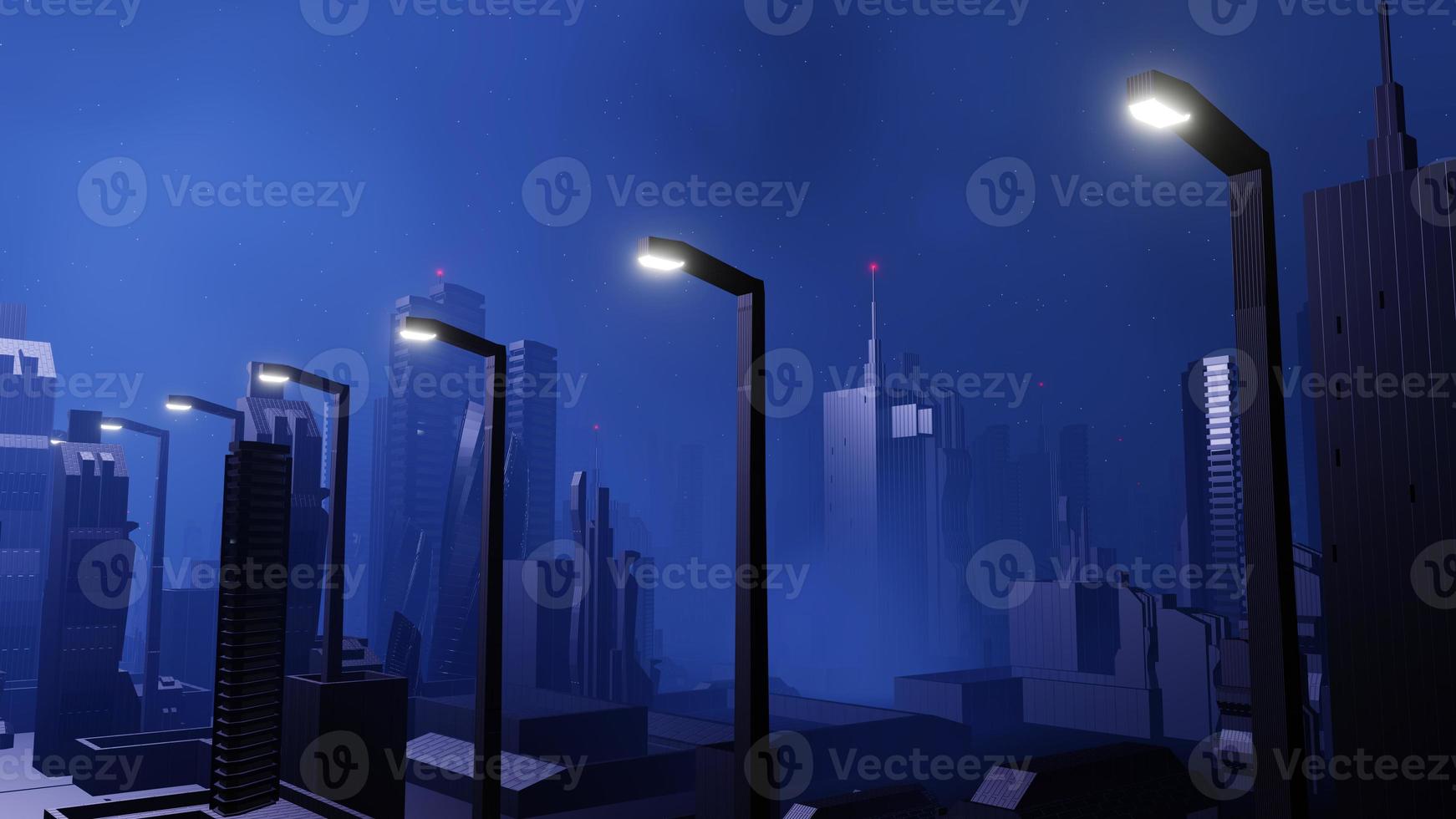 3d render of Cyber punk night city landscape concept. Light glowing on dark scene. Night life. Technology network for 5g. Beyond generation and futuristic of Sci-Fi Capital city and building scene. photo