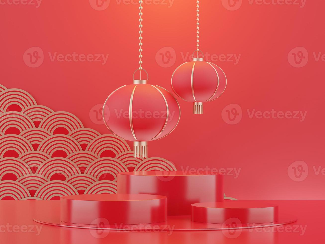 3d rendering of minimal scene of blank podium with Chinese lunar new year theme. Display stand for product presentation mock up. Chinese traditional texture. photo