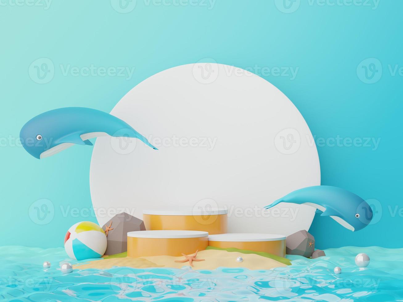 3d render of Abstract minimal  display podium for showing products or cosmetic presentation with summer beach scene. Summer time. photo