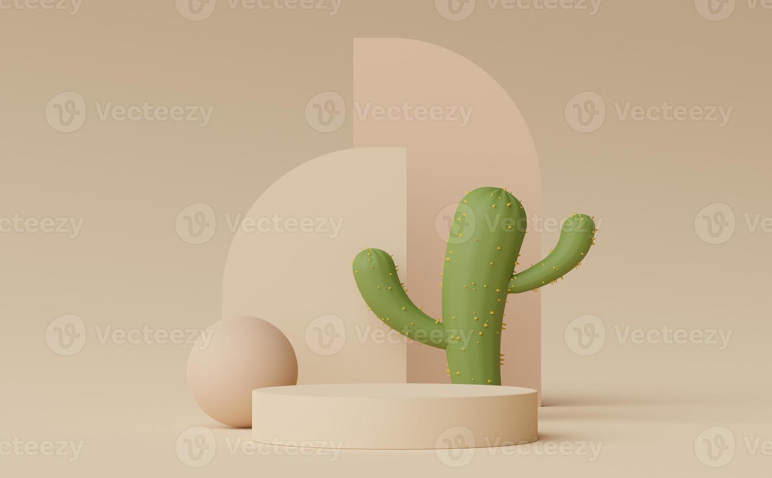 3d render of Abstract minimal  display podium for showing products, cosmetic presentation and mock up with Cactus trees. Showcase scene with pastel earth tone and tropical environment background. photo