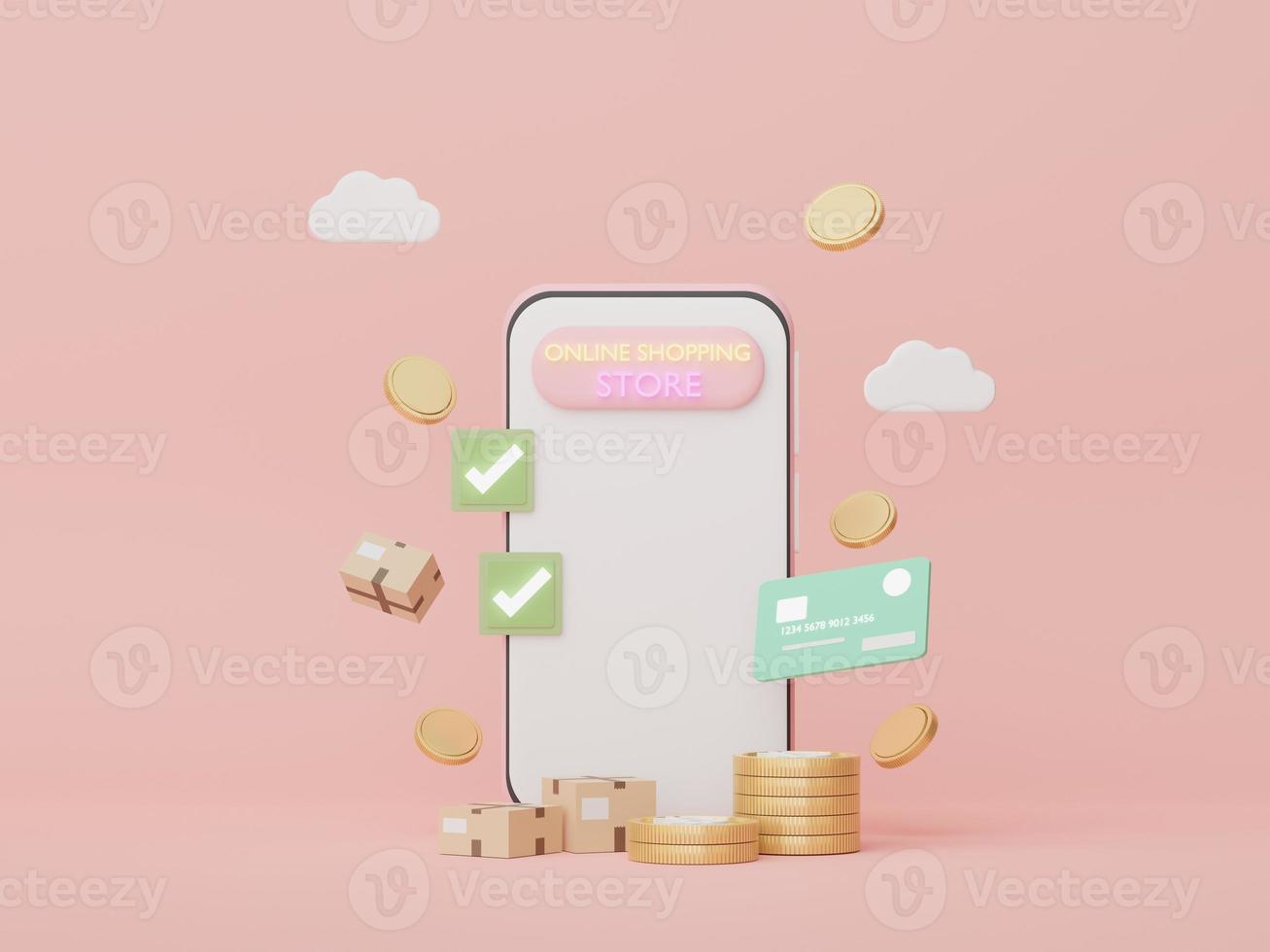 3d render Minimal mini mobile phone or smartphone with credit cards. Money concepts financial planning. Online shopping. Wealth management franchises. Cashless society scene. photo
