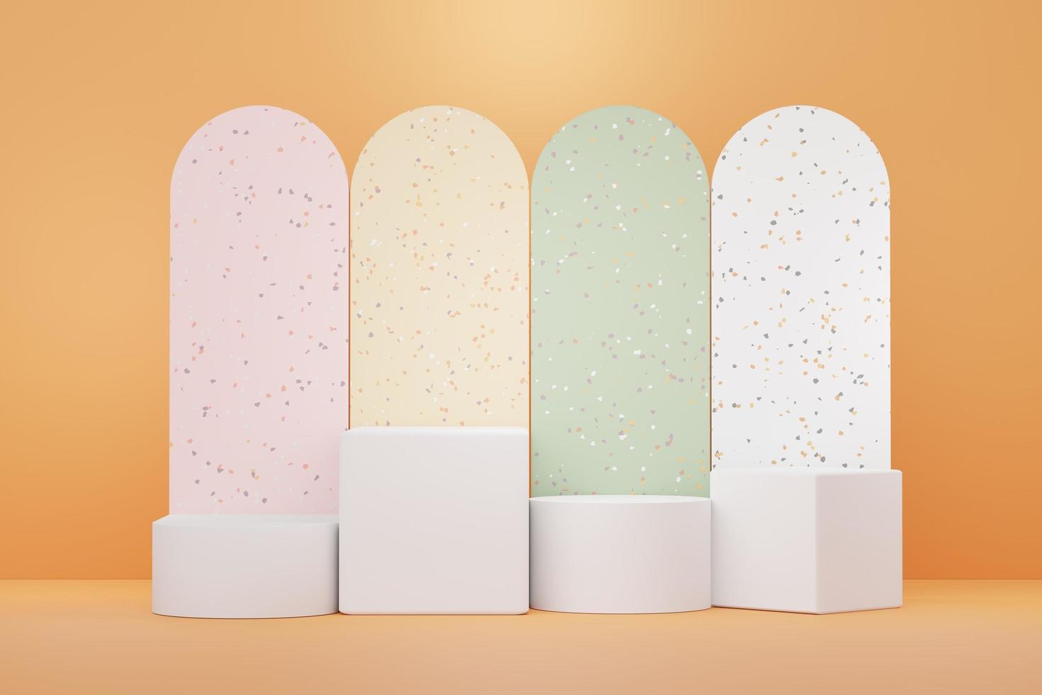 3d render of abstract pedestal podium display with terrazzo chips floor design. Scene for present product promotion and beauty cosmetics. photo