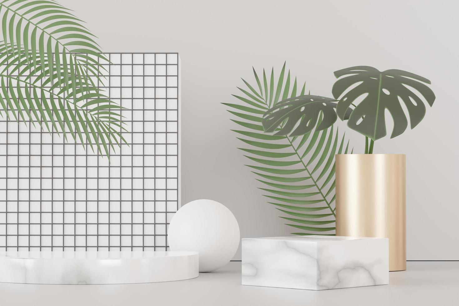 3d render of abstract pedestal podium display with Tropical Monstera leaves. Product and promotion concept for advertising. Green natural background. photo
