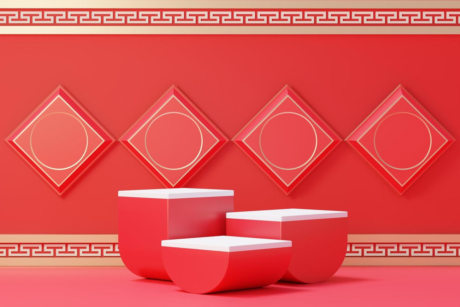 3d rendering of minimal scene of blank podium with Chinese lunar new year theme. Display stand for product presentation mock up. Chinese traditional texture. photo