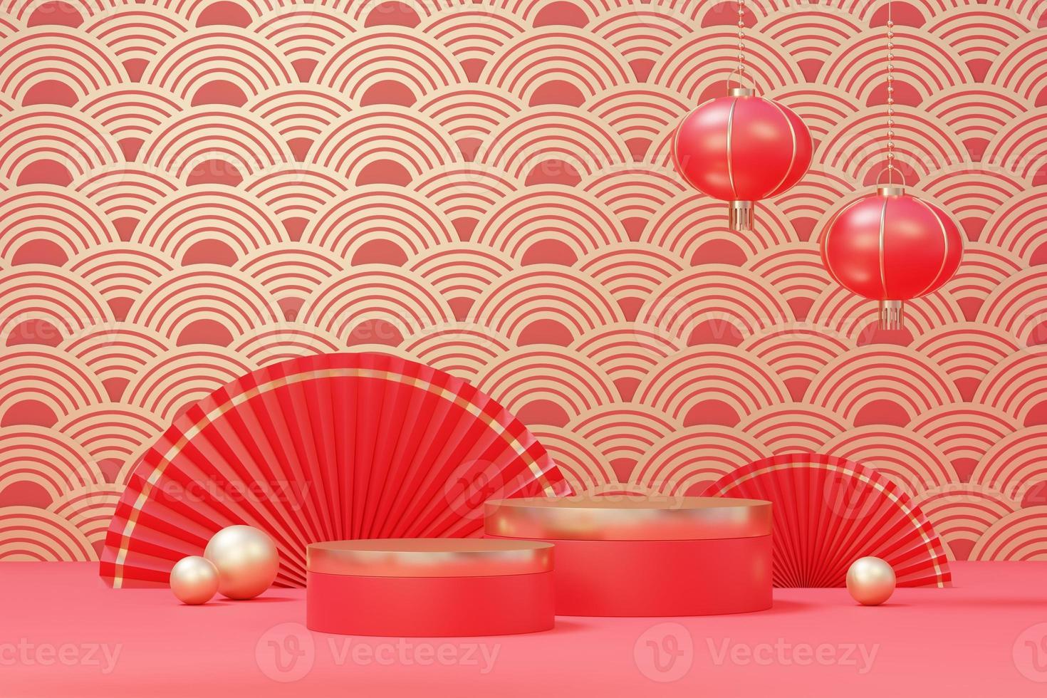 3d rendering of minimal scene of blank podium with Chinese lunar new year theme. Display stand for product presentation mock up. Chinese traditional texture. photo