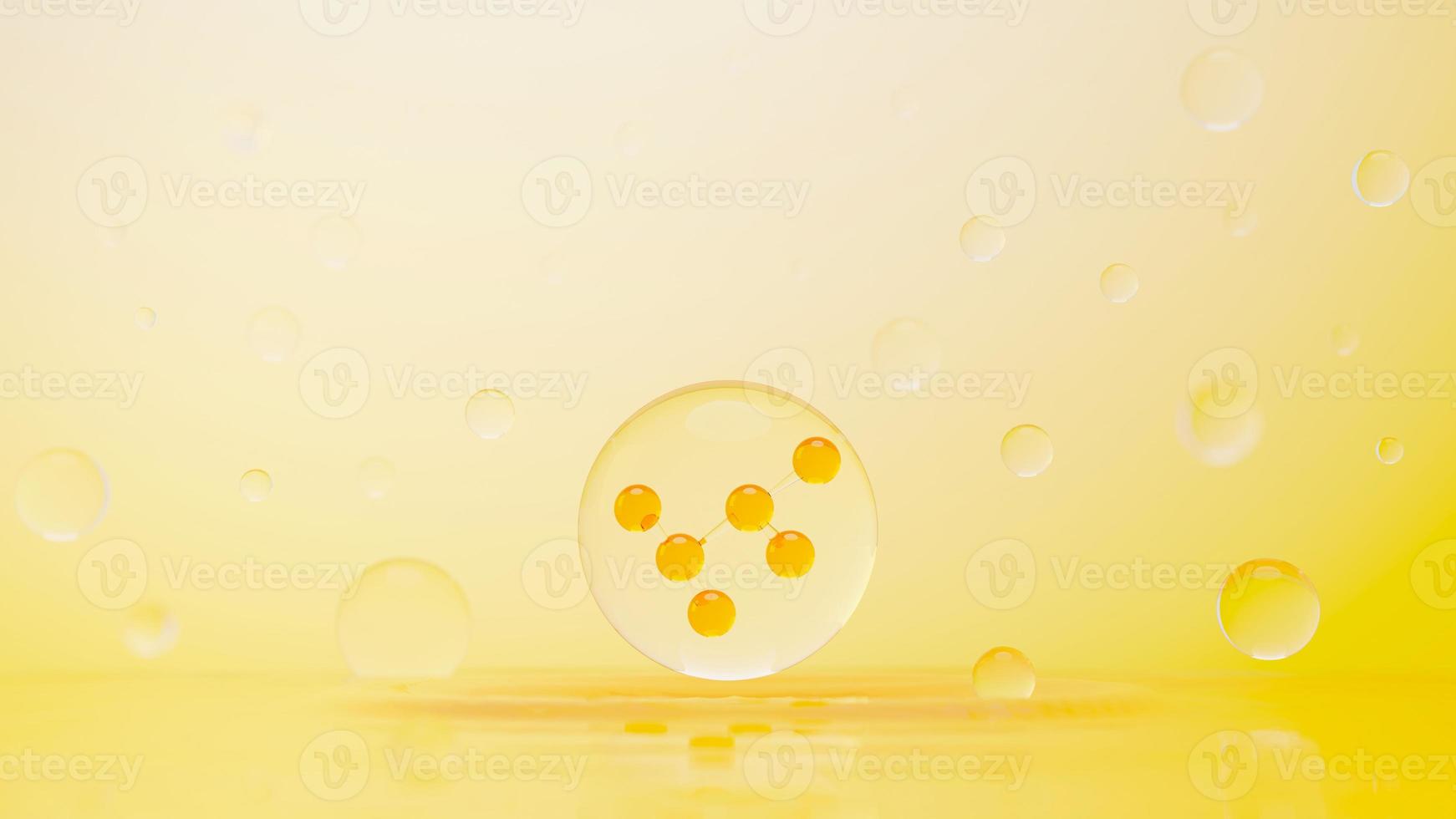 3d render of simple chemical bond in side cell or molecules. The associated of atoms, ions, bond and molecules. Liquid drop bubble background. Covalent bond. Biochemical interaction. photo
