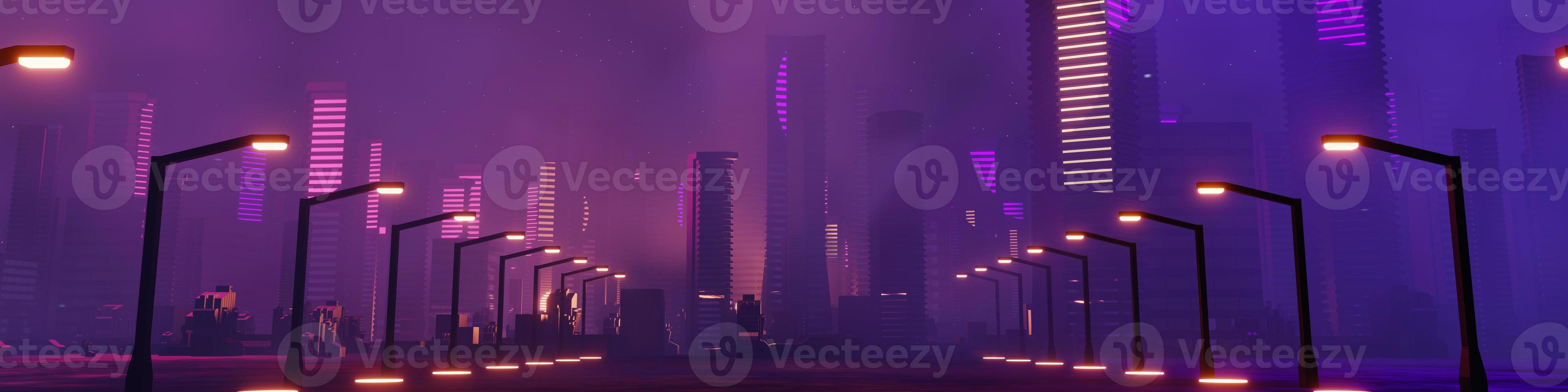 3d render of Cyber punk night city landscape concept. Light glowing on dark scene.  Night life. Technology network for 5g. Beyond generation and futuristic of Sci-Fi Capital city and building scene. photo