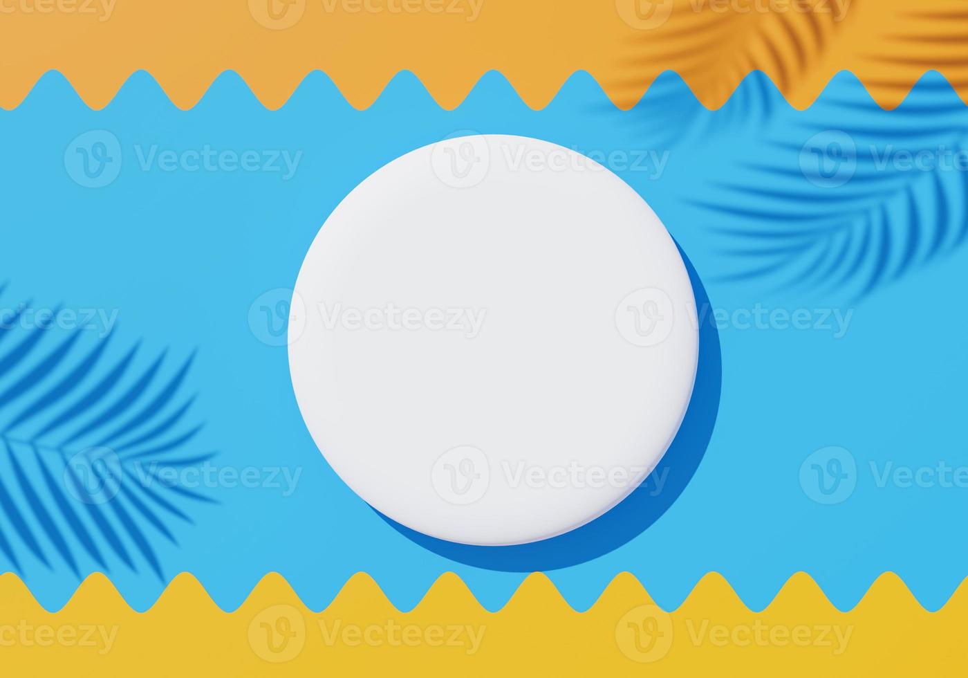 3d render top view of white blank cylinder frame for mock up and display products with shadows of palm leaves, earth tone, and pastel wall background. Creative idea concept. Widow shadow. photo