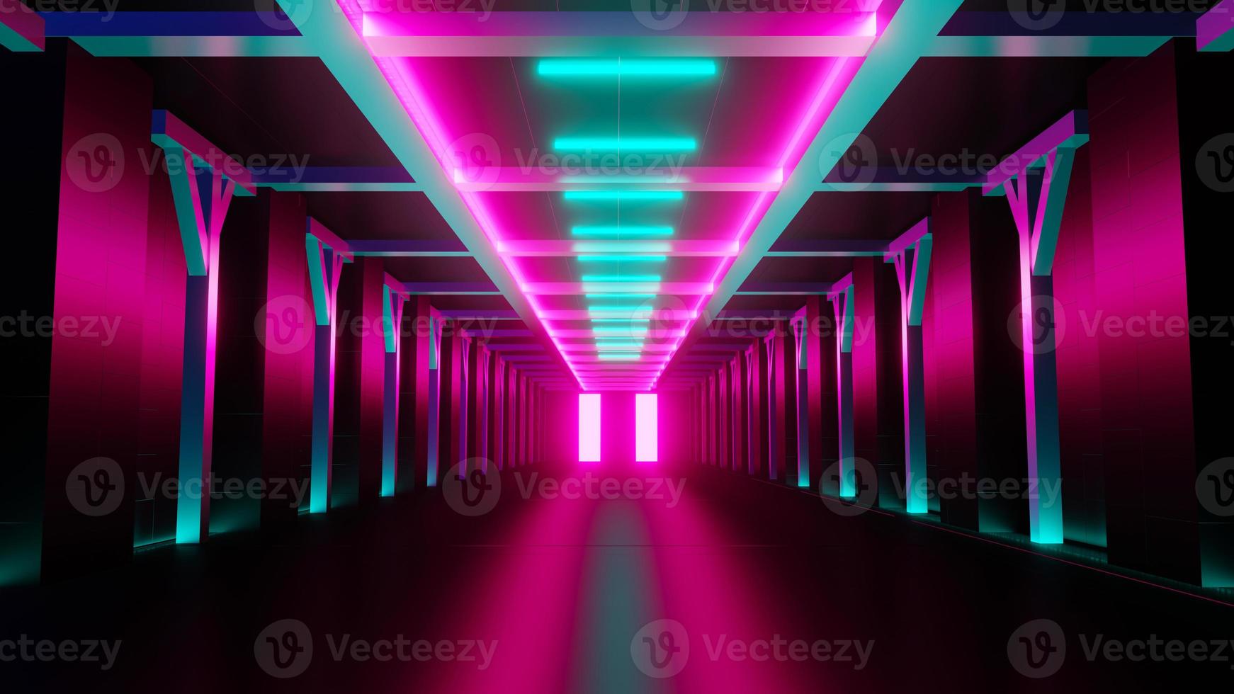 3d render of flash neon and light glowing on dark scene. Speed light moving lines. photo