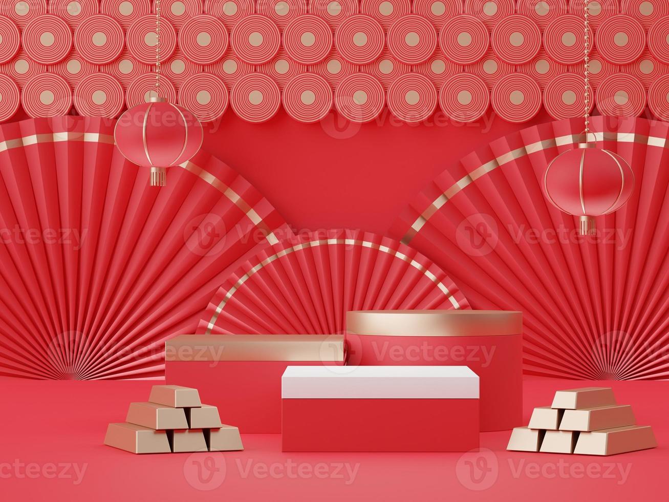3d rendering of minimal scene of blank podium with Chinese lunar new year theme. Display stand for product presentation mock up. Chinese traditional texture. photo