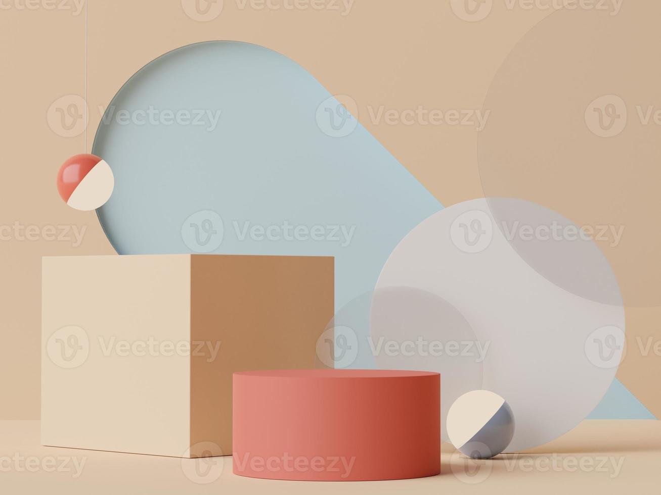 3d rendering of pastel minimal scene of white blank podium with earth tones theme. Muted saturated color. Simple geometric shapes design. photo