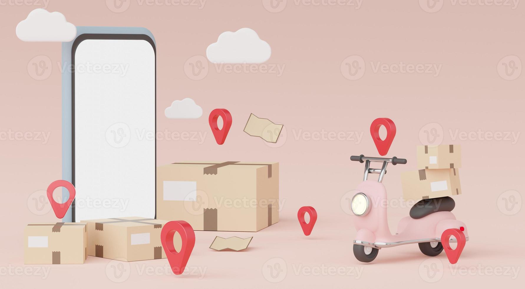 3d render Minimal mini mobile phone or smartphone for work with white copy space for mock up and creative design. Online mini Scooter parcel delivery on pastel background. photo