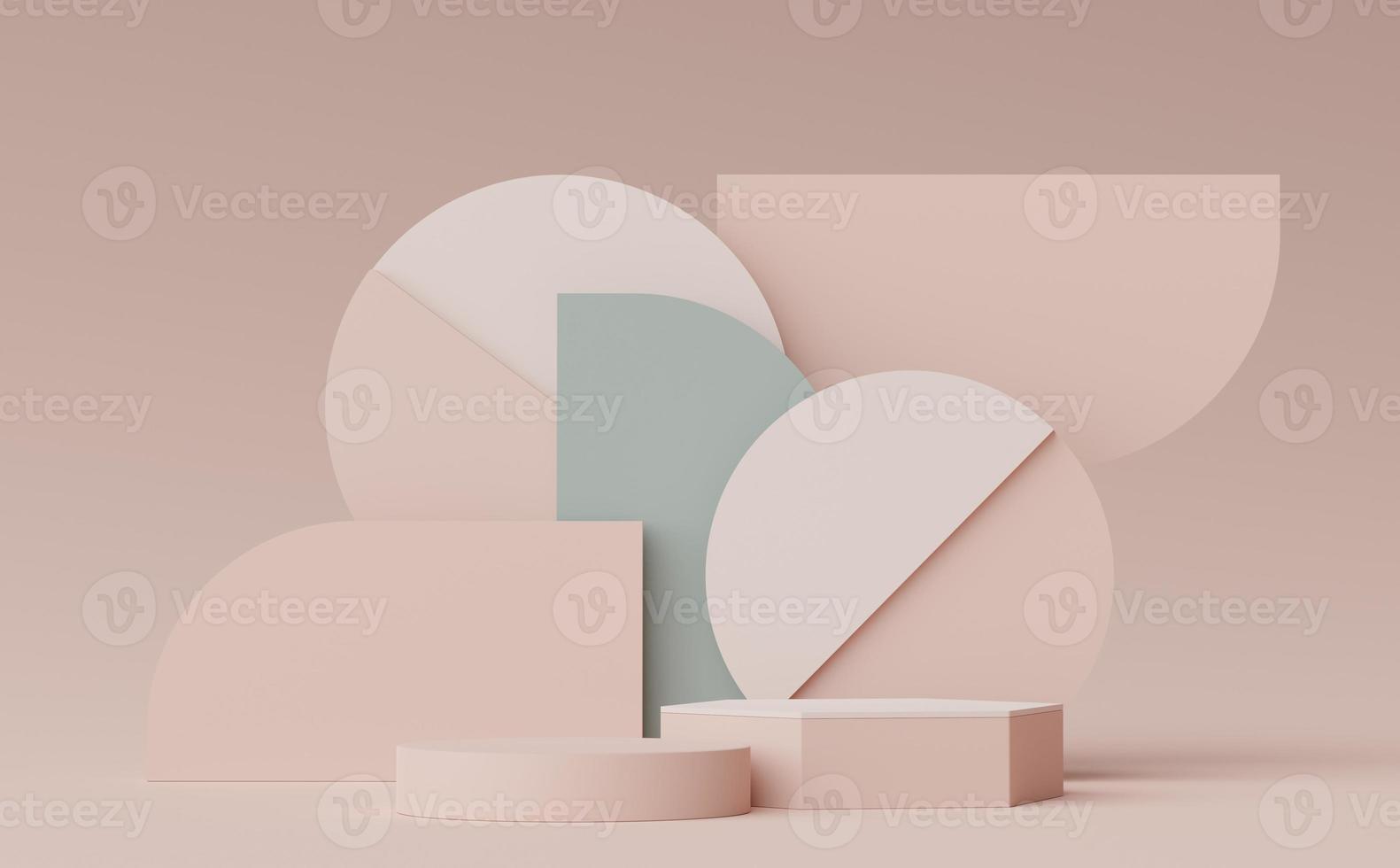 3d render of Abstract minimal  display podium for showing products, cosmetic presentation and mock up. Showcase scene with pastel earth tone background. Illuminated simple geometric shapes. photo