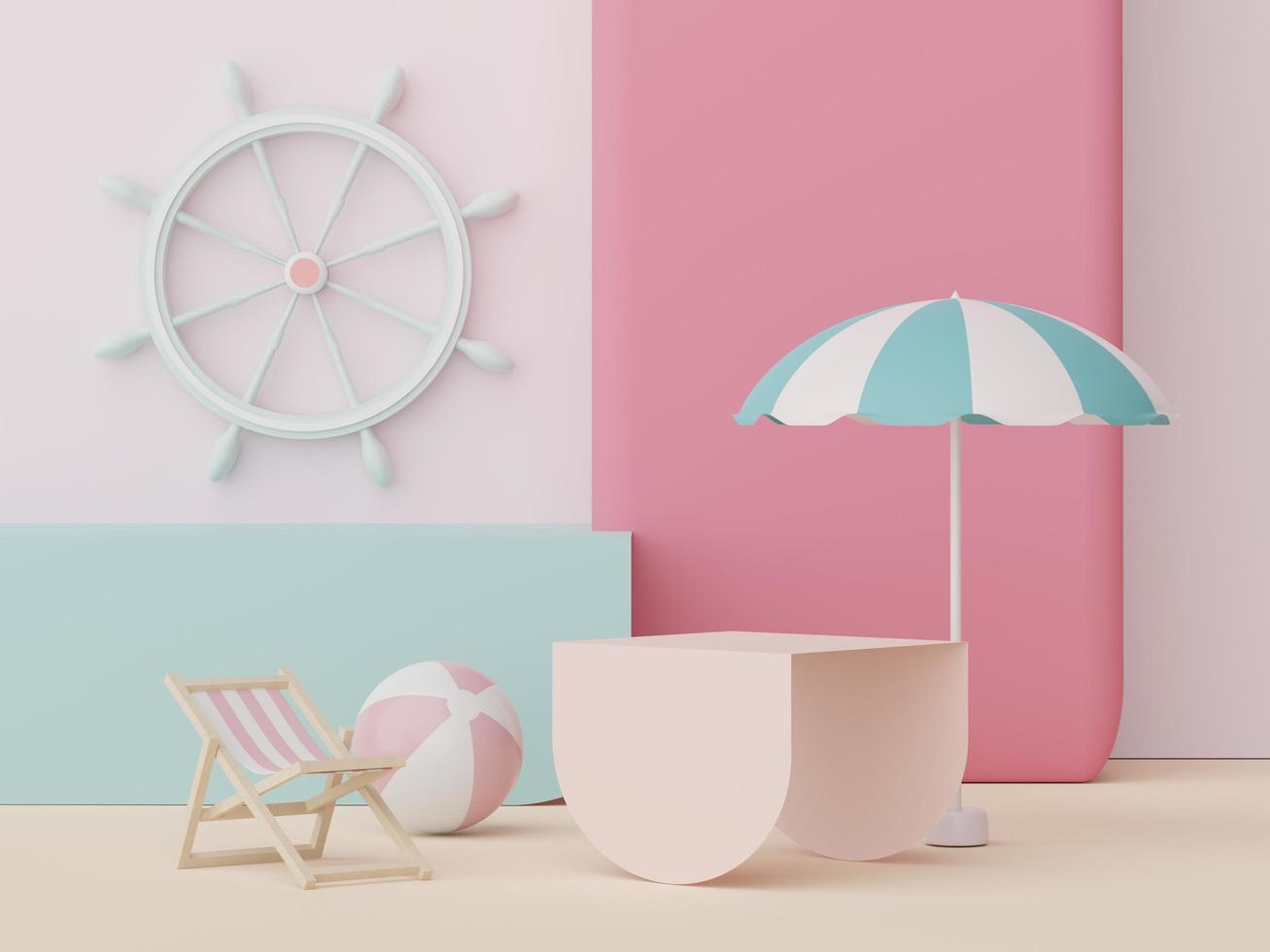 3d podium stand for product presentation with summer concept. Pedestal platform for cosmetic advertising. Minimal summer vacation. photo