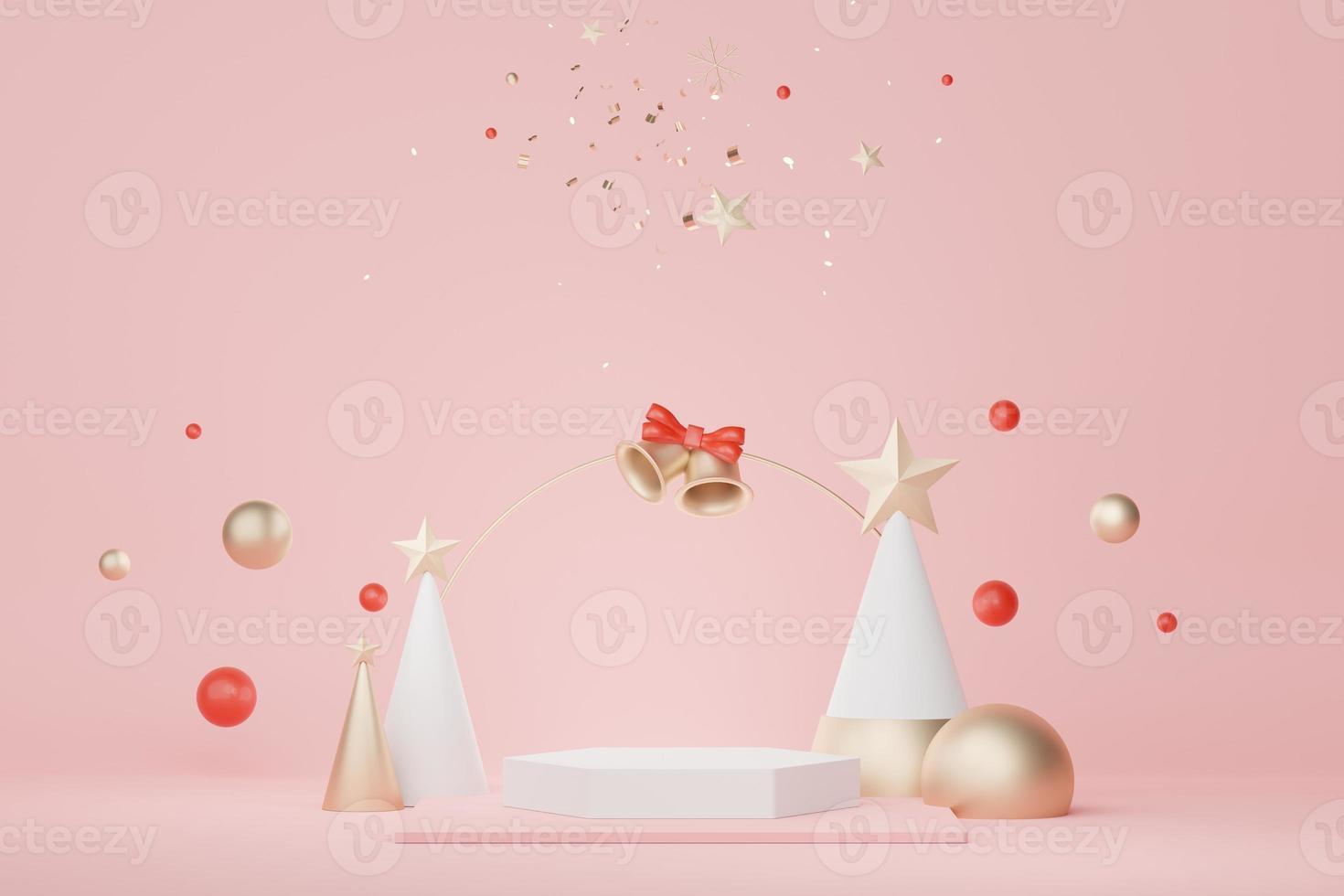 3d Display Podium for product and cosmetic presentation with Merry Christmas and Happy new year concept. Modern geometric. Platform for mock up and showing brand. Minimal clean design. photo