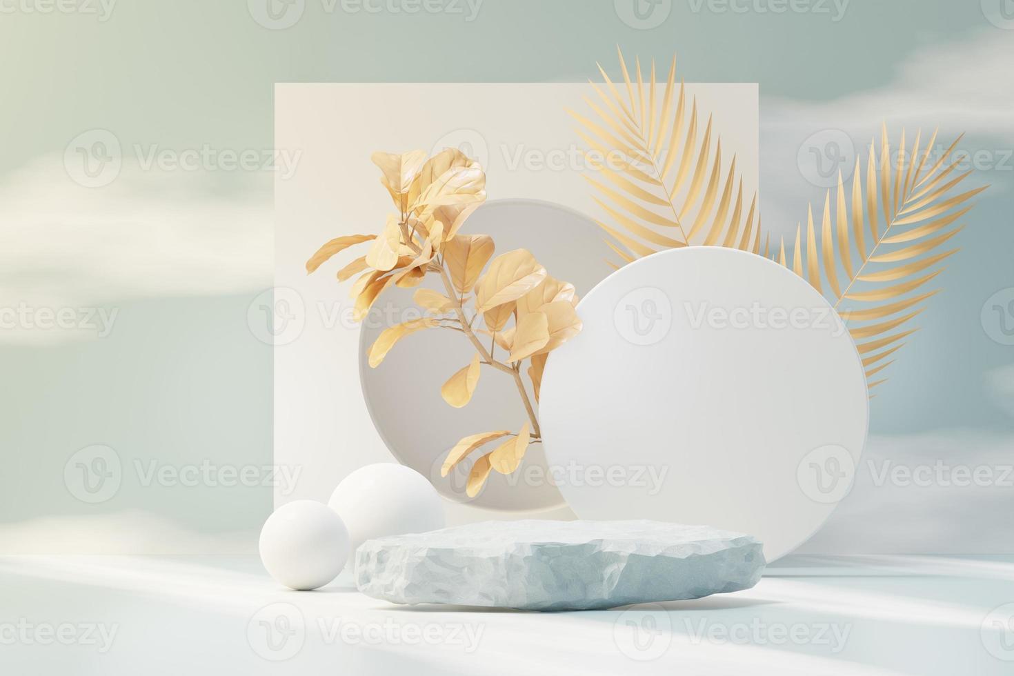 3d render of abstract pedestal podium display with Tropical leaves and Blue sky clouds pastel and plant scene. Product and promotion concept for advertising. Blue pastel natural background. photo