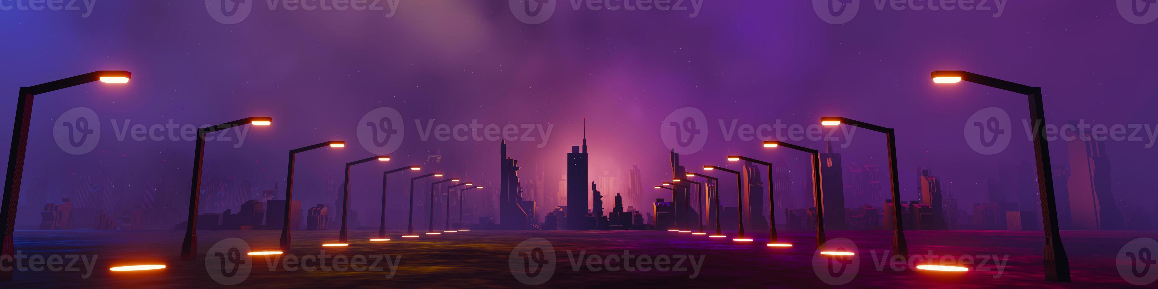 3d render of Cyber punk night city landscape concept. Light glowing on dark scene.  Night life. Technology network for 5g. Beyond generation and futuristic of Sci-Fi Capital city and building scene. photo