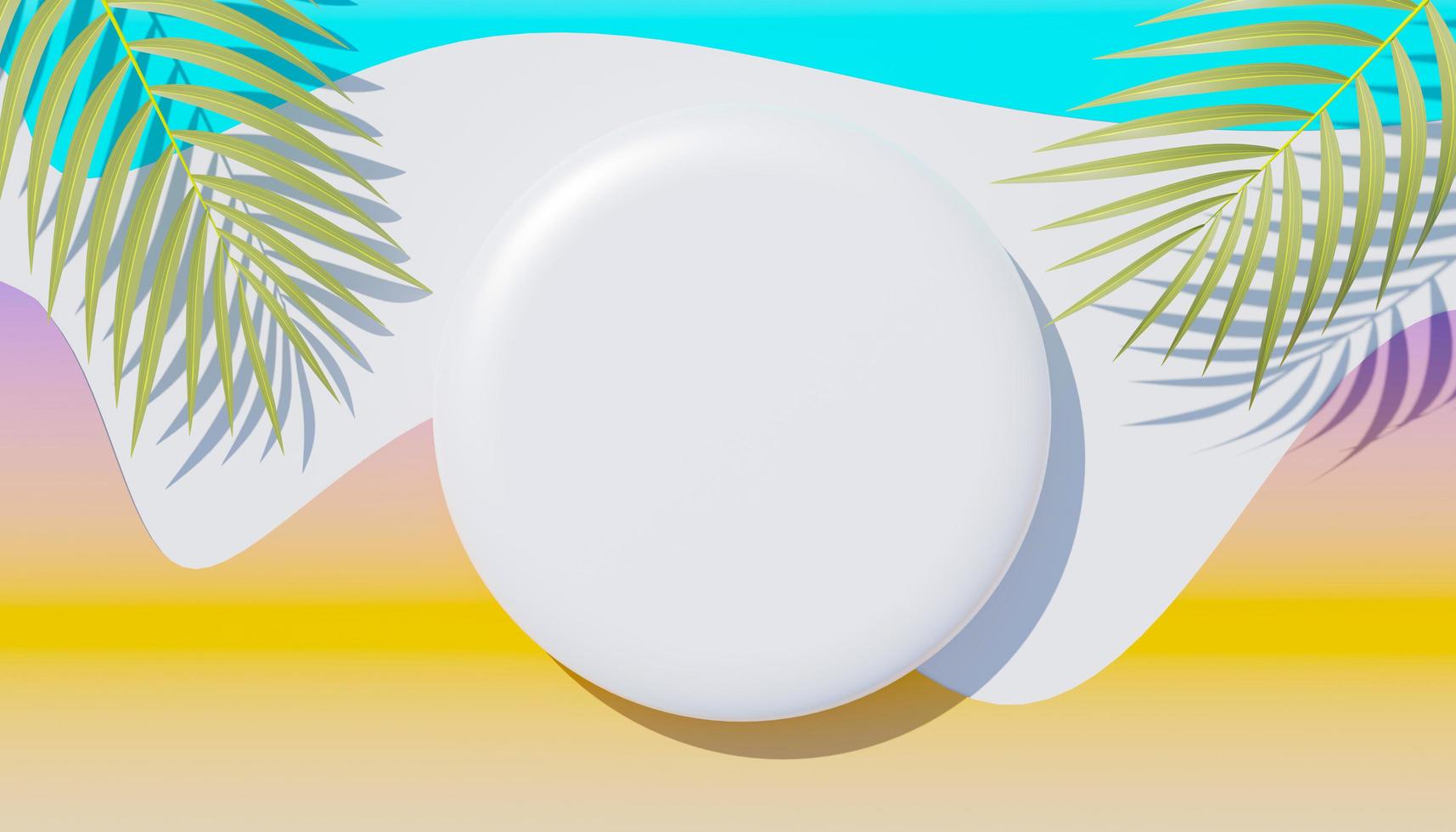 3d render top view of white blank cylinder frame for mock up and display products with shadows of palm leaves, earth tone, and pastel wall background. Creative idea concept. Widow shadow. photo