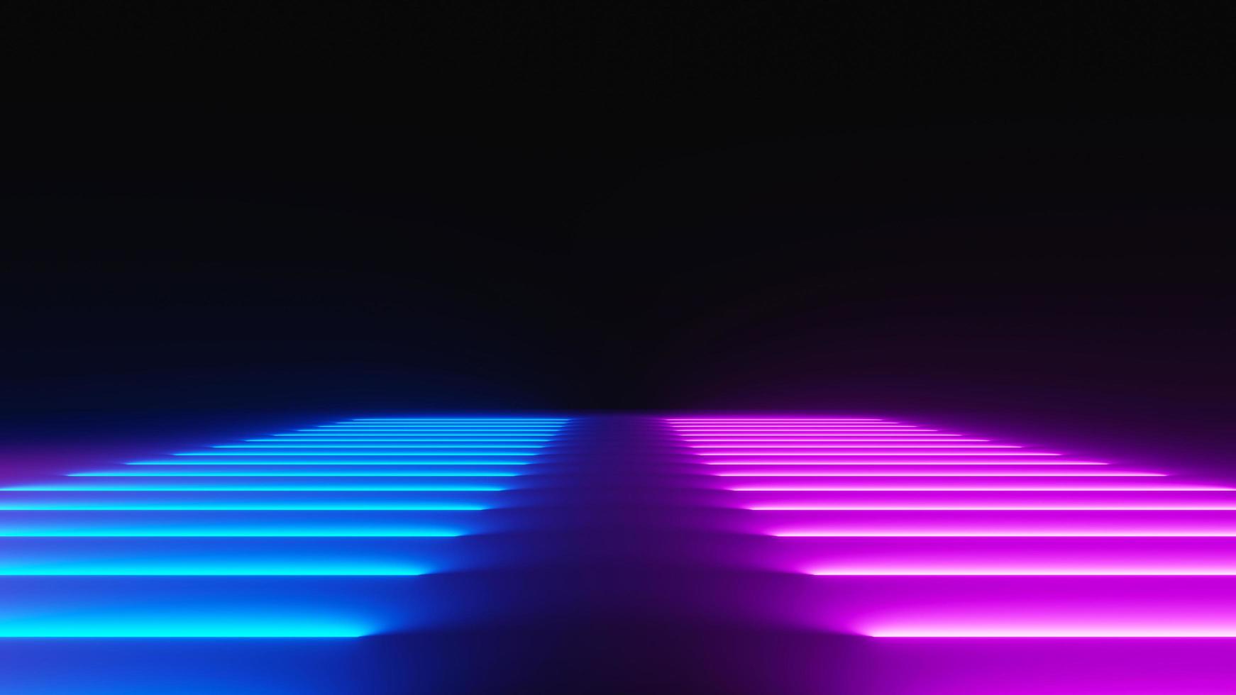 3d render of flash neon and light glowing on dark scene. Speed light moving lines. photo