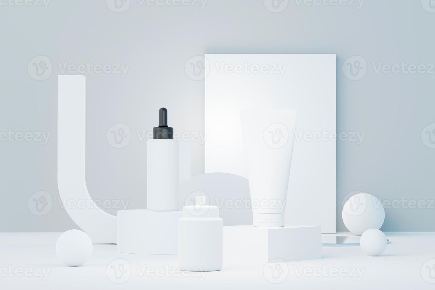 3d render of blank cosmetics skincare product or packaging for mock up. Beauty soap and spa concept. Lotion oil moisture for skin health. Premium and luxury design for branding. photo