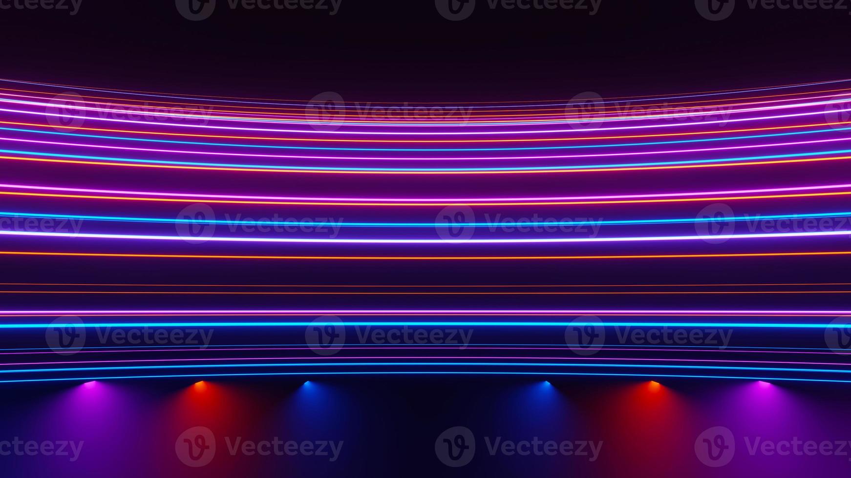 3d render of flash neon and light glowing on dark scene. Speed light moving lines. photo