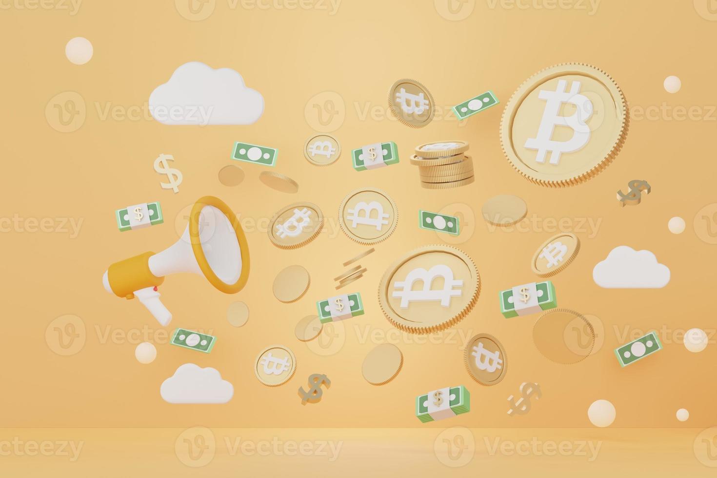 3d render of stack of bitcoins with megaphone. Defi cryptocurrency