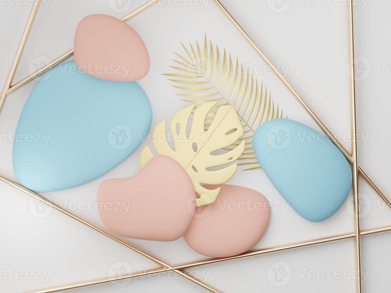 3d render of premium abstract geometric shapes and pastel luxury gravel decor with tropical leaves on white background. photo