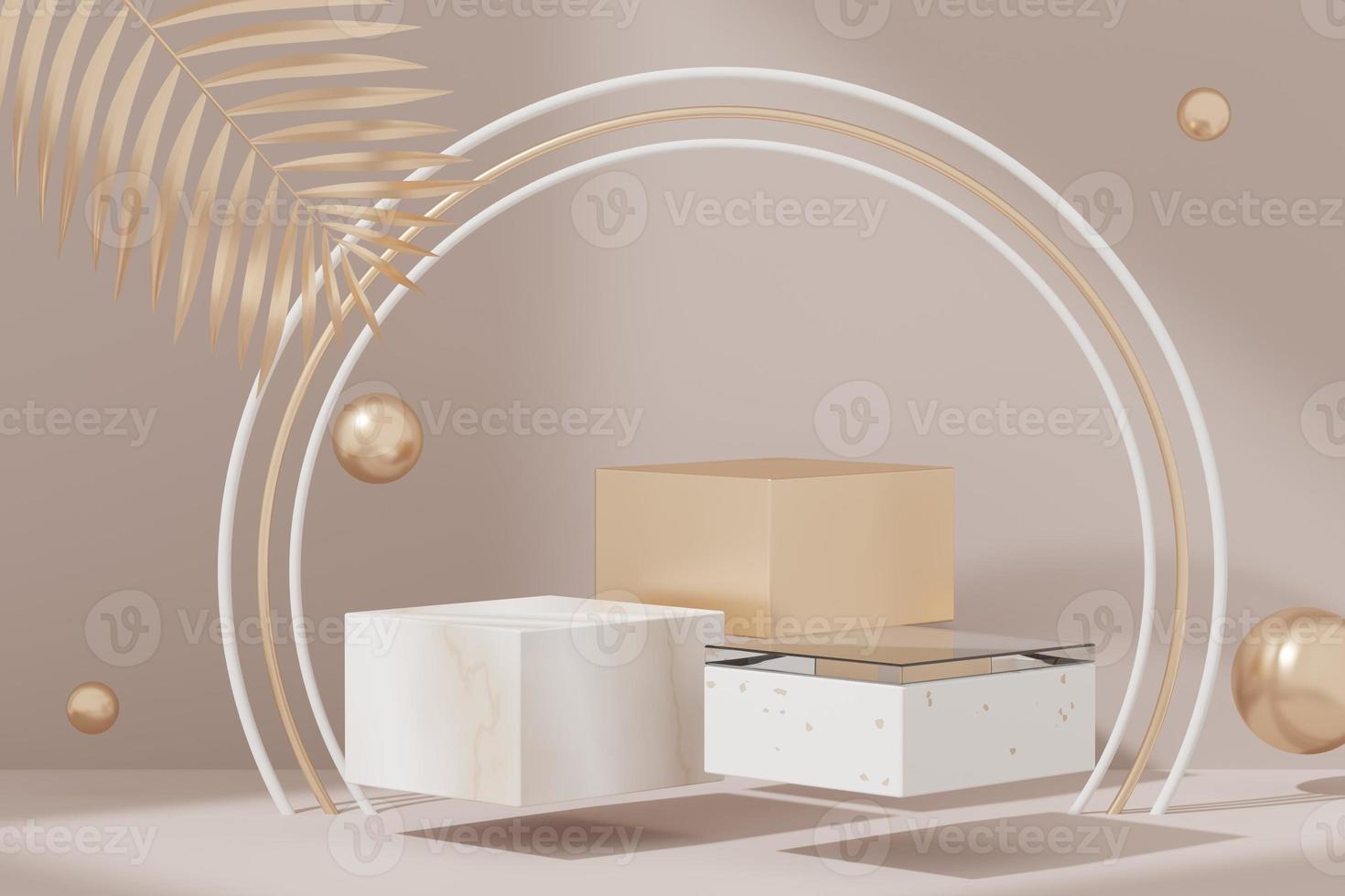 3d illustration luxury premium pedestal product display with abstract geometric shapes. Minimal scene for present product promotion and beauty cosmetics. photo