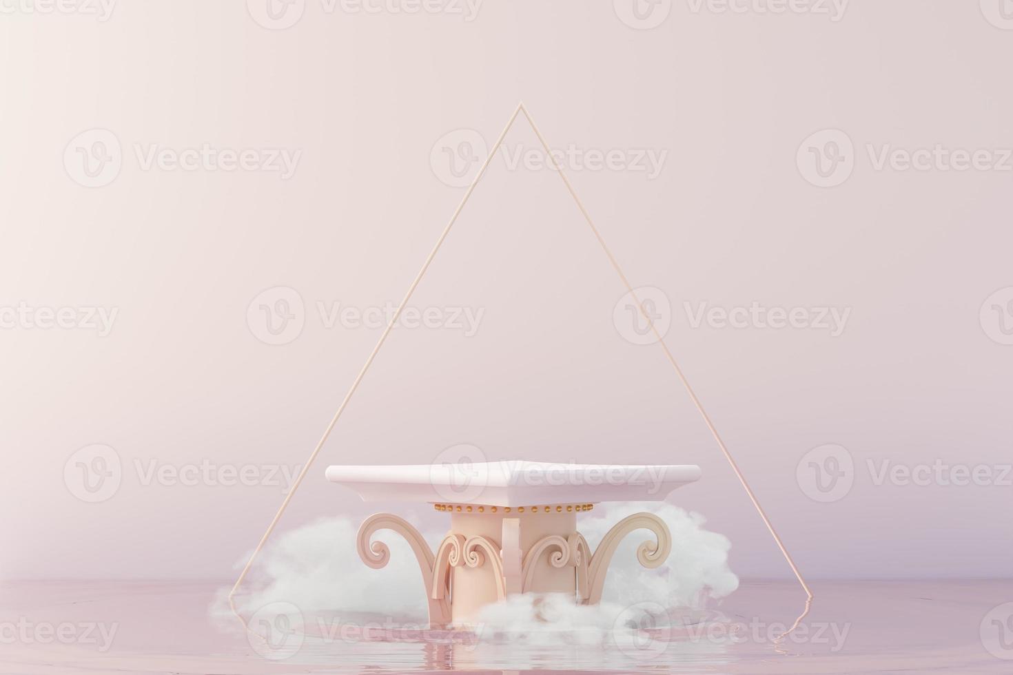 3d Beauty premium pedestal product display with Dreaming land and fluffy cloud. Minimal pastel sky and clouds scene for present product promotion and beauty cosmetics. Romance land of Dreams concept. photo